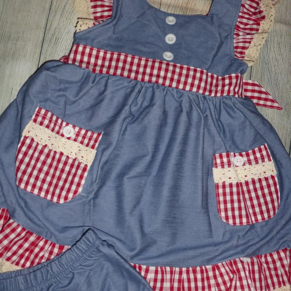 Boutique Girls Blue Red Gingham Trim Tunic & Shorts Outfit 4th of July